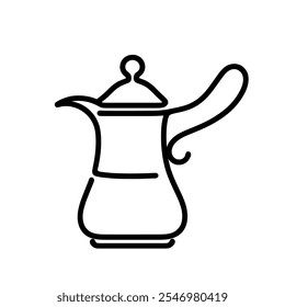 Icono de cafetera lineal. Imagen en blanco y negro de una cafetera tradicional árabe dallah dibujada a mano. Ilustración vectorial