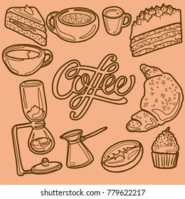 Linear coffee shop poster with common baked desserts (cake, croissant, pie, cupcake), cup and pot of coffee, coffee grain, and coffee machine. Hand-drawn vector illustration for web and printing.