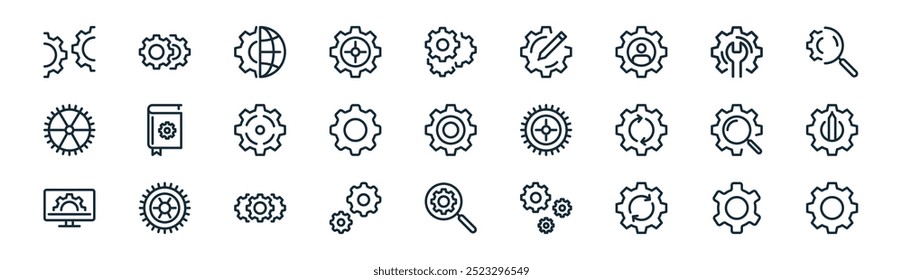linear cogwheel icon pack. vector thin line cogwheel, cogwheels, cogwheel, wrench tool, icons suitable for apps and websites ui designs