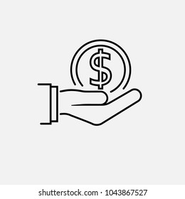 Symbol für lineare Münze in der Hand. Symbol der großen Verdienste, Spende. Vektorgrafik flaches minimales Design. Einzeln auf weißem Hintergrund. Geben, Geld empfangen. 