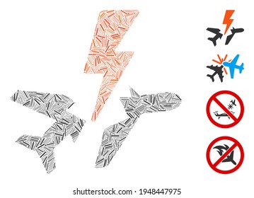 Linear collage aircraft disaster icon designed from straight items in different sizes and color hues. Linear items are combined into abstract vector collage aircraft disaster icon.
