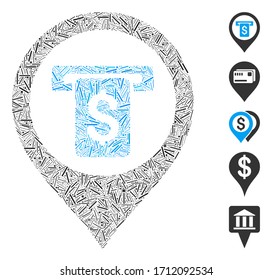 Linear collage bank ATM marker icon united from thin elements in variable sizes and color hues. Vector line elements are united into abstract collage bank ATM marker icon. Bonus pictograms are added.