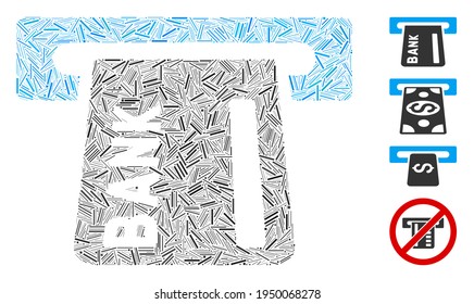 Linear collage banking ATM icon united from straight elements in different sizes and color hues. Irregular hatch elements are grouped into abstract vector composition banking ATM icon.
