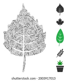 Linear collage birch leaf icon composed of straight elements in different sizes and color hues. Vector linear items are composed into abstract collage birch leaf icon. Bonus icons are placed.