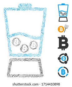 Linear collage Bitcoin blender icon constructed from thin elements in various sizes and color hues. Vector linear elements are united into abstract mosaic Bitcoin blender icon. Bonus icons are added.