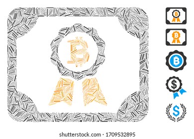 Linear collage Bitcoin certificate icon organized from narrow items in random sizes and color hues. Vector linear items are united into abstract composition Bitcoin certificate icon.