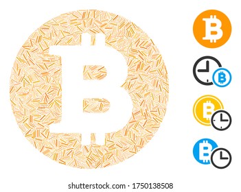 Linear collage Bitcoin coin icon united from thin items in different sizes and color hues. Linear items are combined into abstract vector mosaic Bitcoin coin icon. Bonus pictograms are placed.