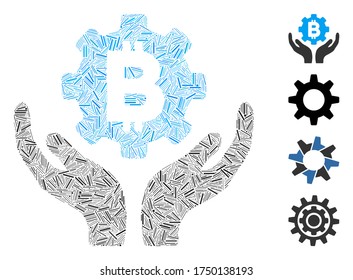 Linear collage Bitcoin gear care hands icon constructed from narrow items in random sizes and color hues. Line items are united into abstract vector collage Bitcoin gear care hands icon.