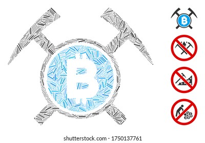 Linear collage Bitcoin mining hammers icon united from straight items in various sizes and color hues. Linear items are combined into abstract vector illustration Bitcoin mining hammers icon.