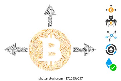 Colage lineal Icono de direcciones de variante de bitcoin unido desde elementos finos en tamaños variables y tonos de color. Los elementos lineales vectoriales se organizan en un colage abstracto icono de direcciones de variante de bitcoin.