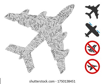 Icono de bombardero de collage lineal compuesto por elementos rectos de diferentes tamaños y tonos de color. Los elementos lineales se organizan en un icono abstracto del bombardero de mosaico vectorial. Se añaden pictogramas bonificados.