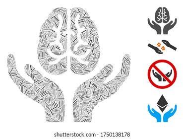 Linear collage brain care hands icon organized from thin elements in random sizes and color hues. Linear items are grouped into abstract vector collage brain care hands icon.
