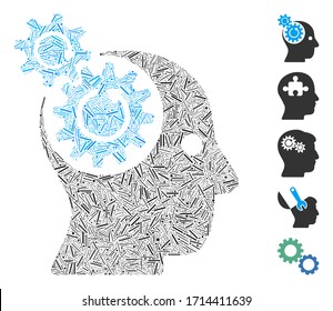 Icono de rotación de engranajes cerebrales de color lineal organizado a partir de objetos finos en tamaños variables y tonos de color. Los elementos de la escotilla vectorial se unen en el icono de rotación abstracta de los engranajes cerebrales.
