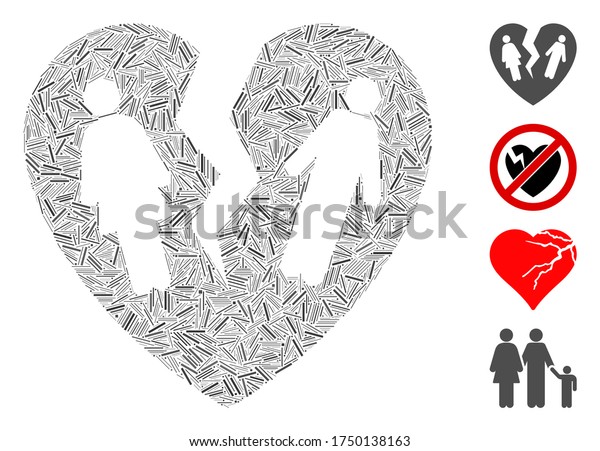 Linear\
collage broken family heart icon constructed from straight items in\
different sizes and color hues. Line items are arranged into\
abstract vector collage broken family heart\
icon.