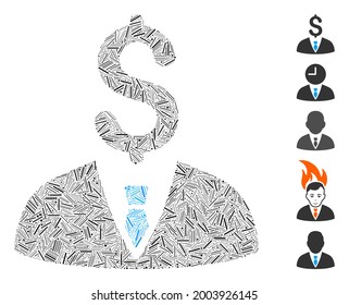 Linear collage businessman icon united from straight items in random sizes and color hues. Vector hatch items are united into abstract mosaic businessman icon. Bonus icons are placed.