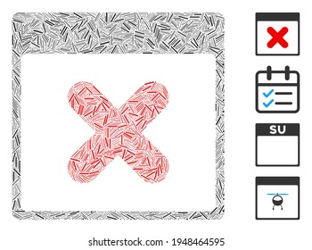 Linear collage cancel calendar page icon organized from thin items in variable sizes and color hues. Line items are combined into abstract vector collage cancel calendar page icon.