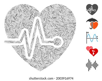 Linear collage cardio pulse icon constructed from thin items in different sizes and color hues. Vector linear items are arranged into abstract collage cardio pulse icon. Bonus icons are added.