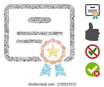 Linear collage certification icon composed of narrow items in random sizes and color hues. Irregular hatch items are composed into abstract vector collage certification icon. Bonus icons are placed.