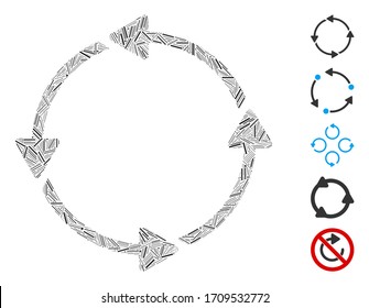 Icono de ruta circular de collage lineal organizado a partir de elementos rectos en diferentes tamaños y tonos de color. Los elementos lineales vectoriales se organizan en un icono de ruta circular de collage abstracto.