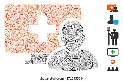 Linear collage computer medical client icon composed of narrow items in various sizes and color hues. Vector hatch items are combined into abstract collage computer medical client icon.