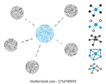 Linear collage connections icon united from thin items in various sizes and color hues. Vector hatch items are arranged into abstract collage connections icon. Bonus pictograms are added.