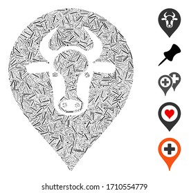Linear collage cow map pointer icon united from narrow elements in variable sizes and color hues. Vector linear elements are composed into abstract mosaic cow map pointer icon. Bonus icons are placed.