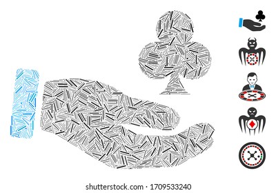 Lineare Collage Croupier-Handzeichen, bestehend aus schmalen Elementen in verschiedenen Größen und Farbtönen. Lineare Elemente der Vektorillustration werden in abstrakte Collage Croupier Hand Symbol zusammengesetzt. Bonussymbole werden hinzugefügt.