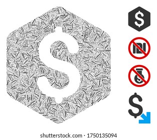 Icono de hexágono de dólar de collage lineal unido a partir de objetos estrechos de diferentes tamaños y colores. Los elementos de trama irregular se agrupan en un icono de hexágono de dólar de colección vectorial abstracto.
