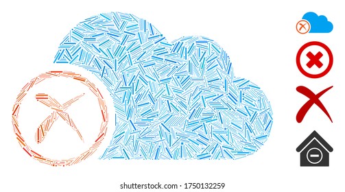 Linear collage erase icon constructed from narrow elements in various sizes and color hues. Linear elements are combined into abstract vector mosaic erase icon. Bonus icons are placed.