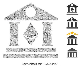 Linear collage Ethereum bank building icon constructed from thin elements in different sizes and color hues. Lines parts are composed into abstract vector collage Ethereum bank building icon.