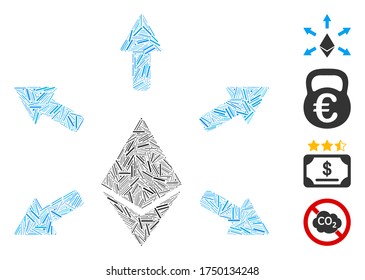 Linear collage Ethereum emission icon united from narrow items in random sizes and color hues. Linear items are composed into abstract vector mosaic Ethereum emission icon. Bonus pictograms are added.