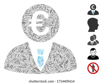 Linear collage Euro clerk icon organized from thin items in various sizes and color hues. Vector hatch items are organized into abstract composition Euro clerk icon. Bonus icons are added.