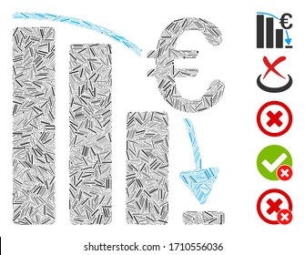 Linear collage Euro epic fail crisis icon organized from narrow items in various sizes and color hues. Vector linear elements are organized into abstract collage Euro epic fail crisis icon.