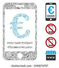 Linear collage Euro mobile banking icon organized from thin elements in different sizes and color hues.