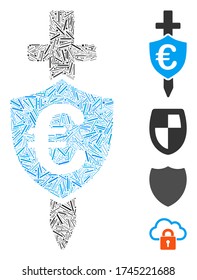 Linear collage Euro shield icon organized from straight items in different sizes and color hues. Line items are combined into abstract vector collage Euro shield icon. Bonus icons are placed.
