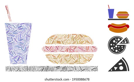 Linear collage fastfood icon organized from thin elements in variable sizes and color hues. Line elements are organized into abstract vector collage fastfood icon. Bonus pictograms are placed.