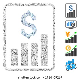 Icono de informe financiero de collage lineal organizado a partir de elementos rectos en tamaños y tonos de color variables. Los elementos lineales vectoriales se organizan en la ilustración abstracta icono de informe financiero.