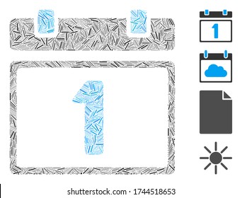 Linear collage first day calendar page icon composed of thin items in random sizes and color hues. Linear items are united into abstract vector collage first day calendar page icon.