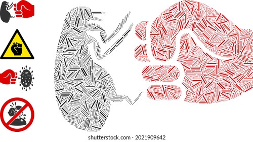 Linear collage flea fist strike icon organized from narrow elements in various sizes and color hues. Linear items are arranged into abstract vector collage flea fist strike icon.