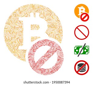 Linear collage forbidden Bitcoin icon organized from narrow elements in variable sizes and color hues. Linear items are united into abstract vector collage forbidden Bitcoin icon.