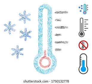 Linear collage frost temperature icon constructed from thin elements in various sizes and color hues. Irregular hatch elements are arranged into abstract vector collage frost temperature icon.