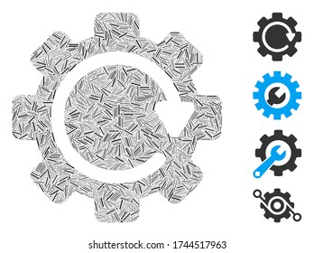 Linear collage gear rotation direction icon designed from straight items in different sizes and color hues. Linear items are organized into abstract vector collage gear rotation direction icon.