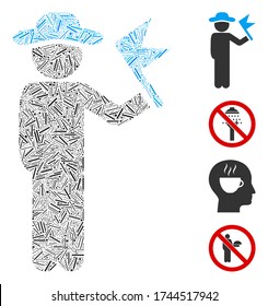 Linear collage gentleman with flag icon composed of narrow elements in variable sizes and color hues. Line items are composed into abstract vector collage gentleman with flag icon.