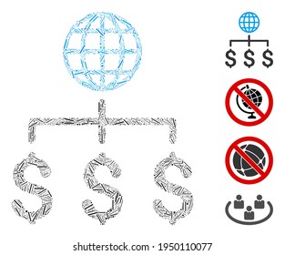 Linear collage global payments icon composed of narrow items in different sizes and color hues. Line items are united into abstract vector collage global payments icon. Bonus pictograms are placed.