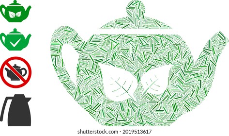 Linear collage green tea teapot icon composed of narrow items in different sizes and color hues. Linear elements are arranged into abstract vector collage green tea teapot icon.