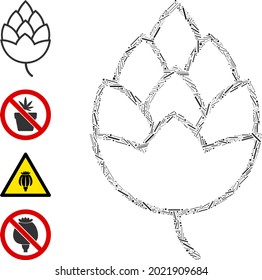Linear collage hop bud icon constructed from straight elements in different sizes and color hues. Lines elements are grouped into abstract vector collage hop bud icon. Bonus pictograms are added.