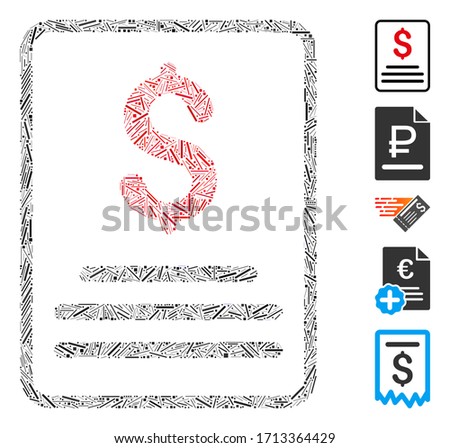 Linear collage invoice budget icon organized from narrow elements in random sizes and color hues. Vector linear items are organized into abstract composition invoice budget icon.