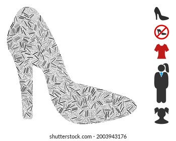 Linear collage lady shoe icon united from straight items in different sizes and color hues. Vector linear items are united into abstract collage lady shoe icon. Bonus pictograms are added.