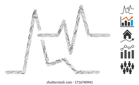 Linear collage line graphs icon composed of straight elements in random sizes and color hues. Vector hatch elements are composed into abstract collage line graphs icon. Bonus pictograms are placed.
