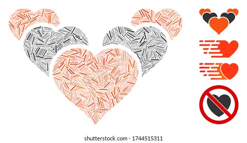 Icono de corazones de amor de collage lineal diseñado a partir de elementos delgados en tamaños aleatorios y tonos de color. Los elementos lineales se unen en el icono abstracto de corazones de amor de mosaico vectorial. Se colocan los iconos de bonificación.